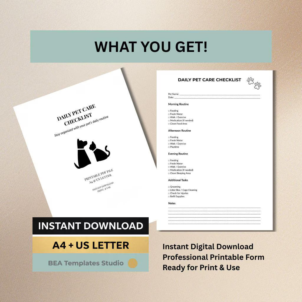 Daily Pet Care Checklist, Routine Planner, Animal Schedule, Printable PDF, Instant Download