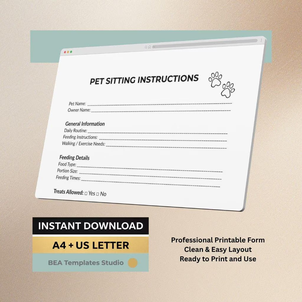 Pet Sitting Instructions Template, Care Checklist, Animal Form (PDF Download)