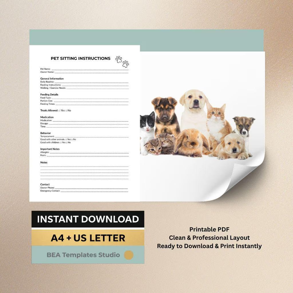 Pet Sitting Instructions Template, Care Checklist, Animal Form (PDF Download)
