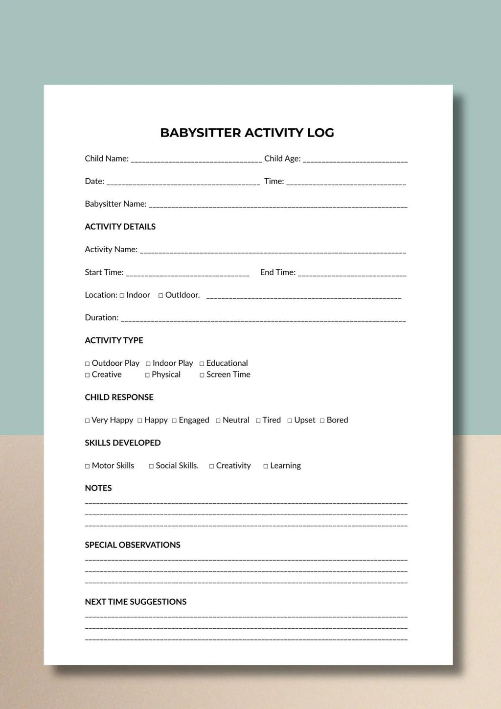 Babysitter Activity Log, Child Tracker Sheet, Nanny Record, Daycare Report, Printable PDF
