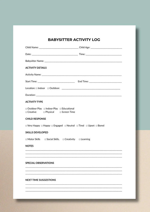 Babysitter Activity Log, Child Tracker Sheet, Nanny Record, Daycare Report, Printable PDF