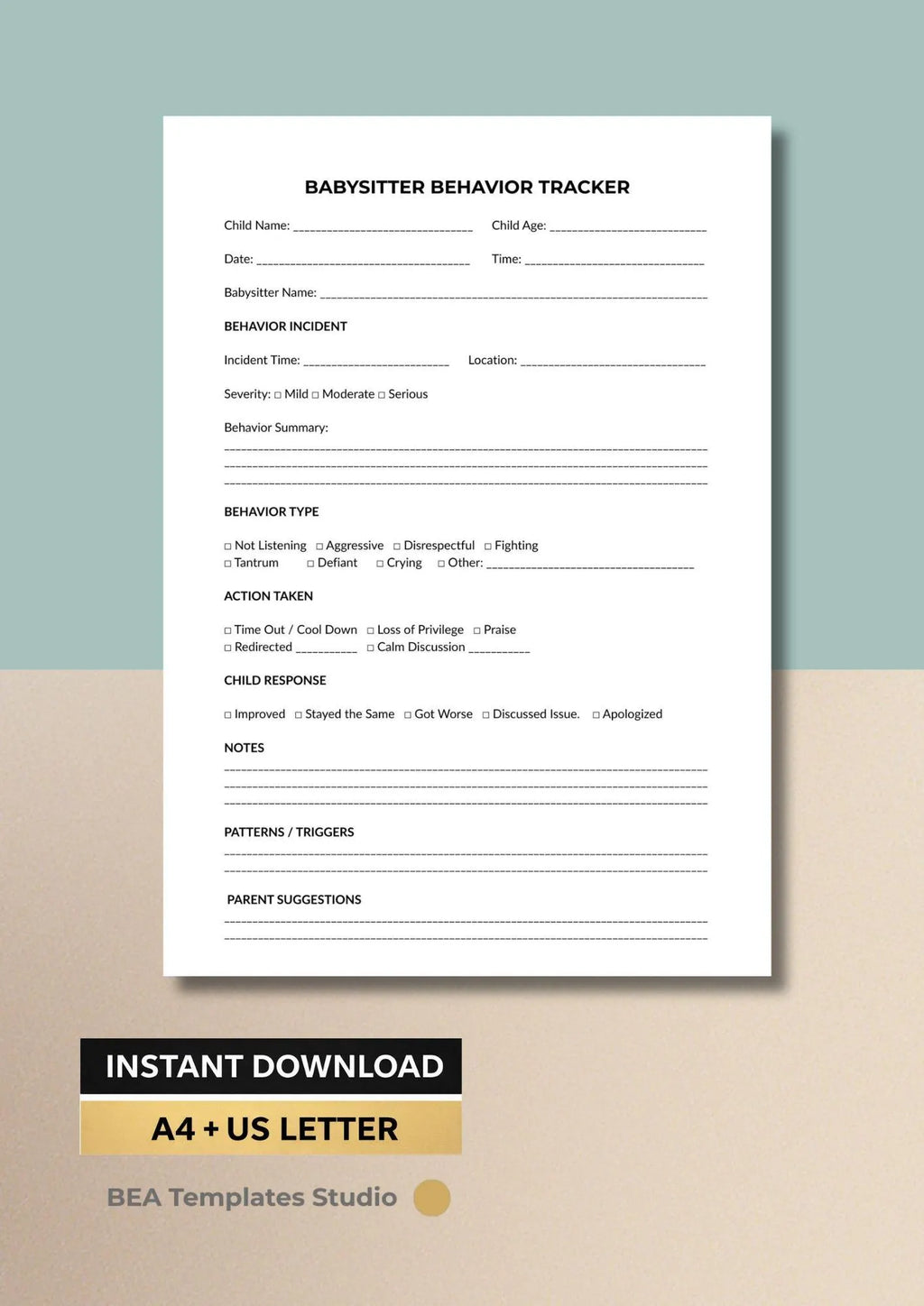 Babysitter Behavior Tracker, Child Observation Sheet, Childcare Log, Printable PDF