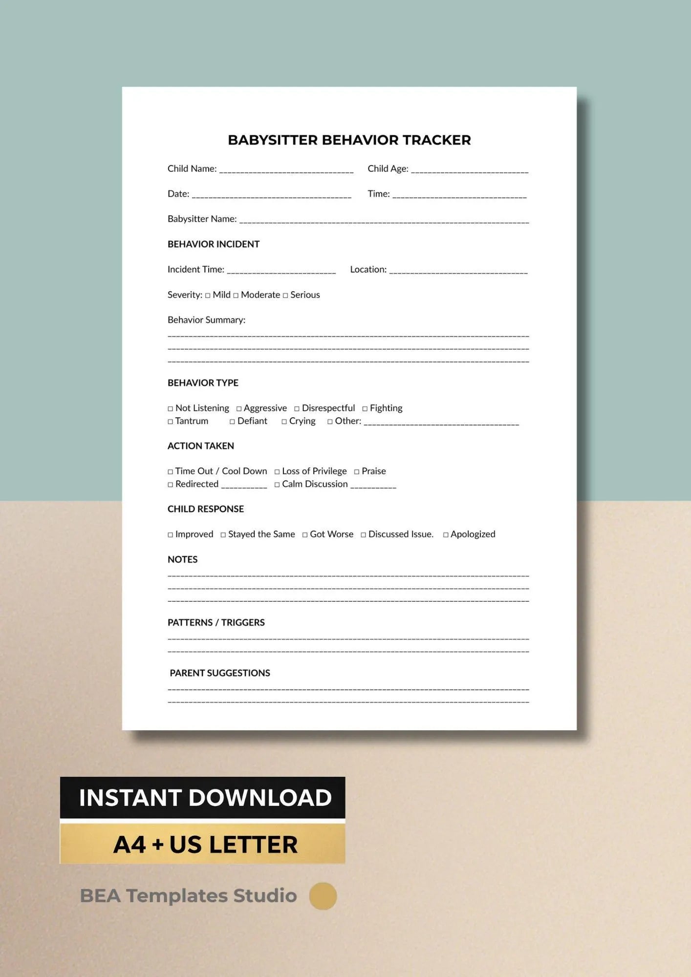 Babysitter Behavior Tracker, Child Observation Sheet, Childcare Log, Printable PDF