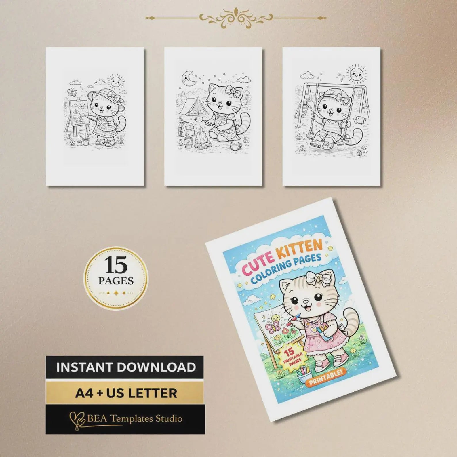 60 Kitten Coloring Pages for Kids Ages 3-10 (Digital Download)