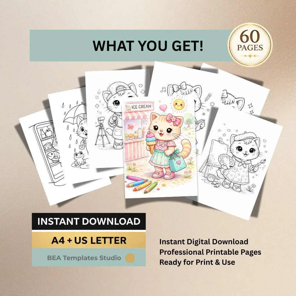 60 Kitten Coloring Pages for Kids Ages 3-10 (Digital Download)