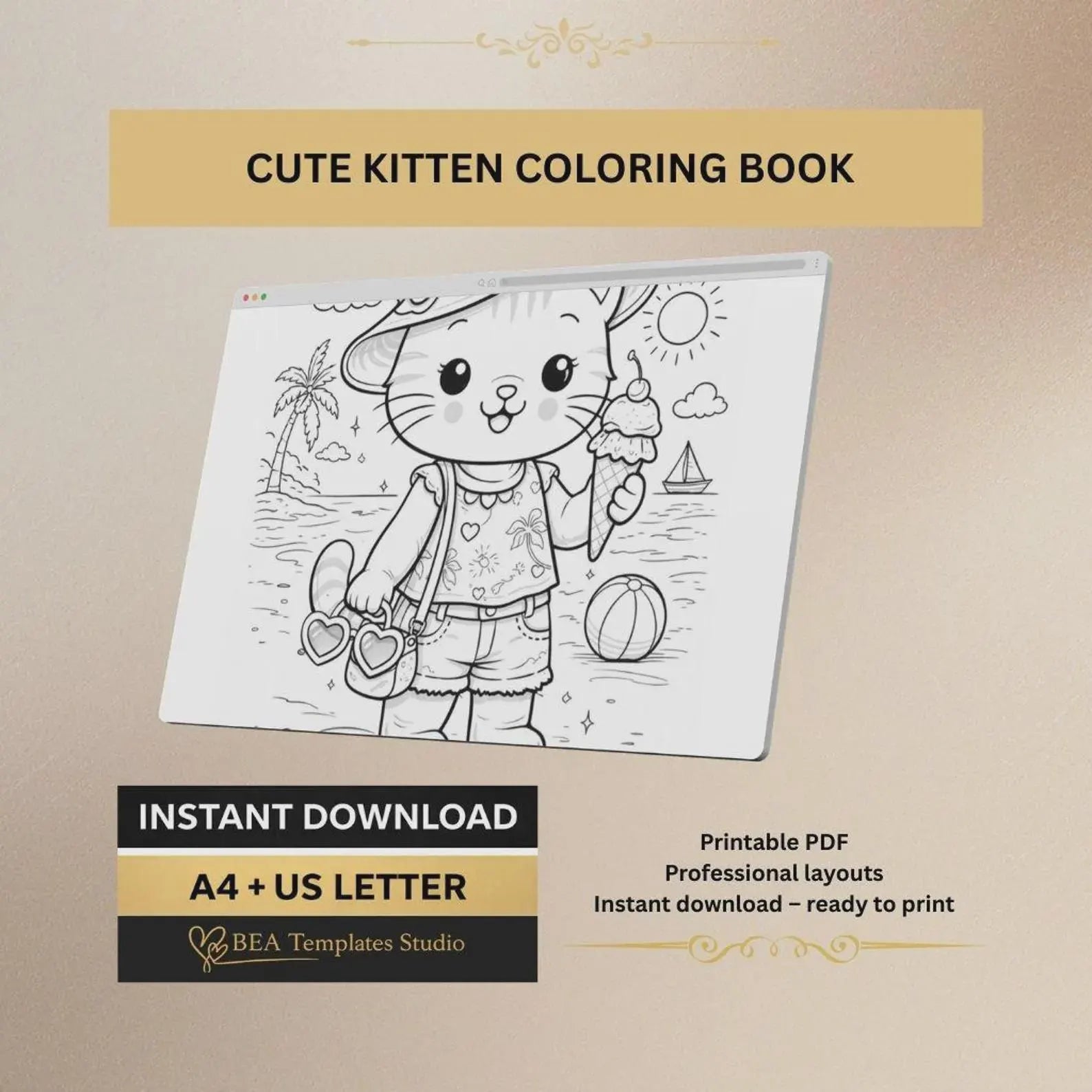 60 Kitten Coloring Pages for Kids Ages 3-10 (Digital Download)