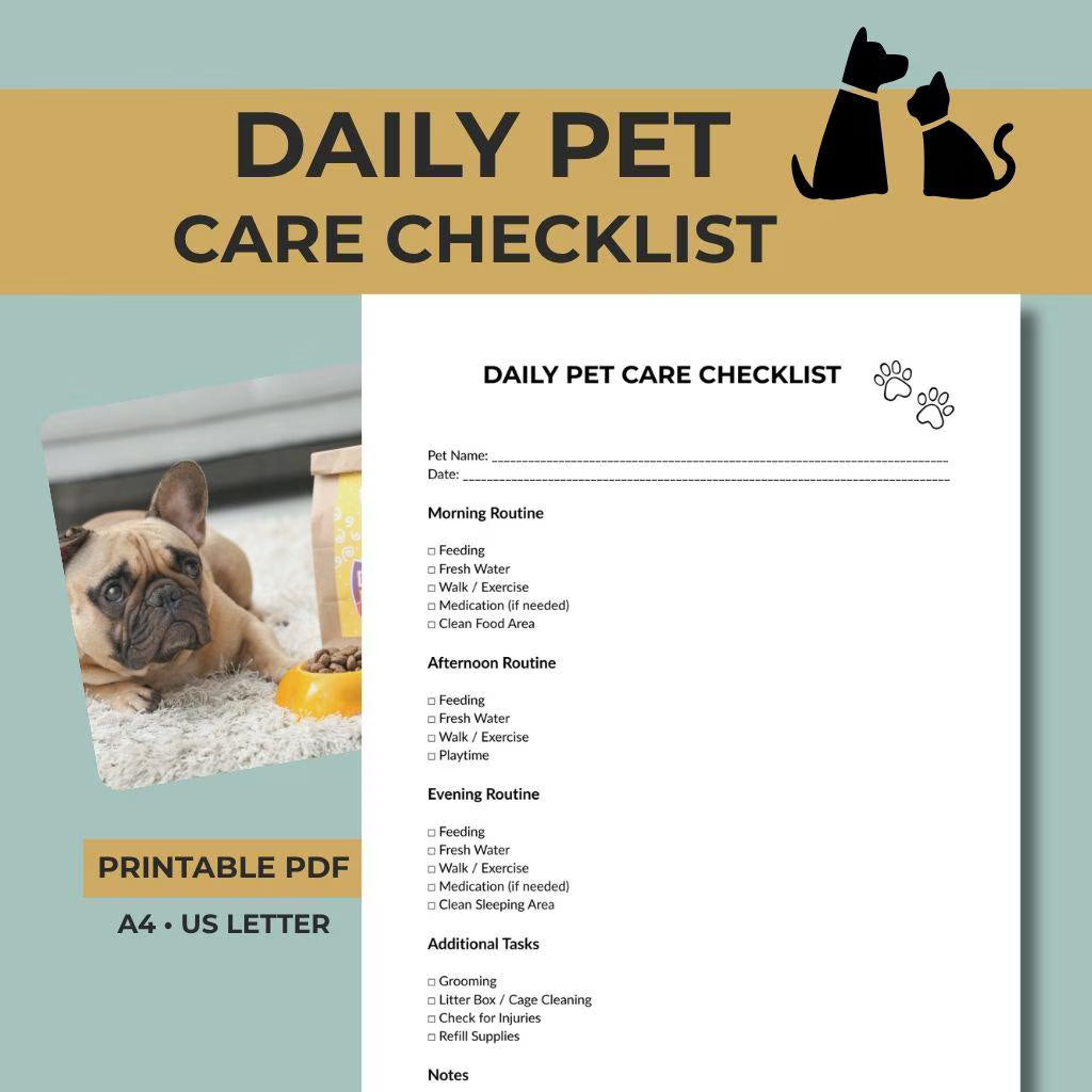 Daily Pet Care Checklist, Routine Planner, Animal Schedule, Printable PDF, Instant Download