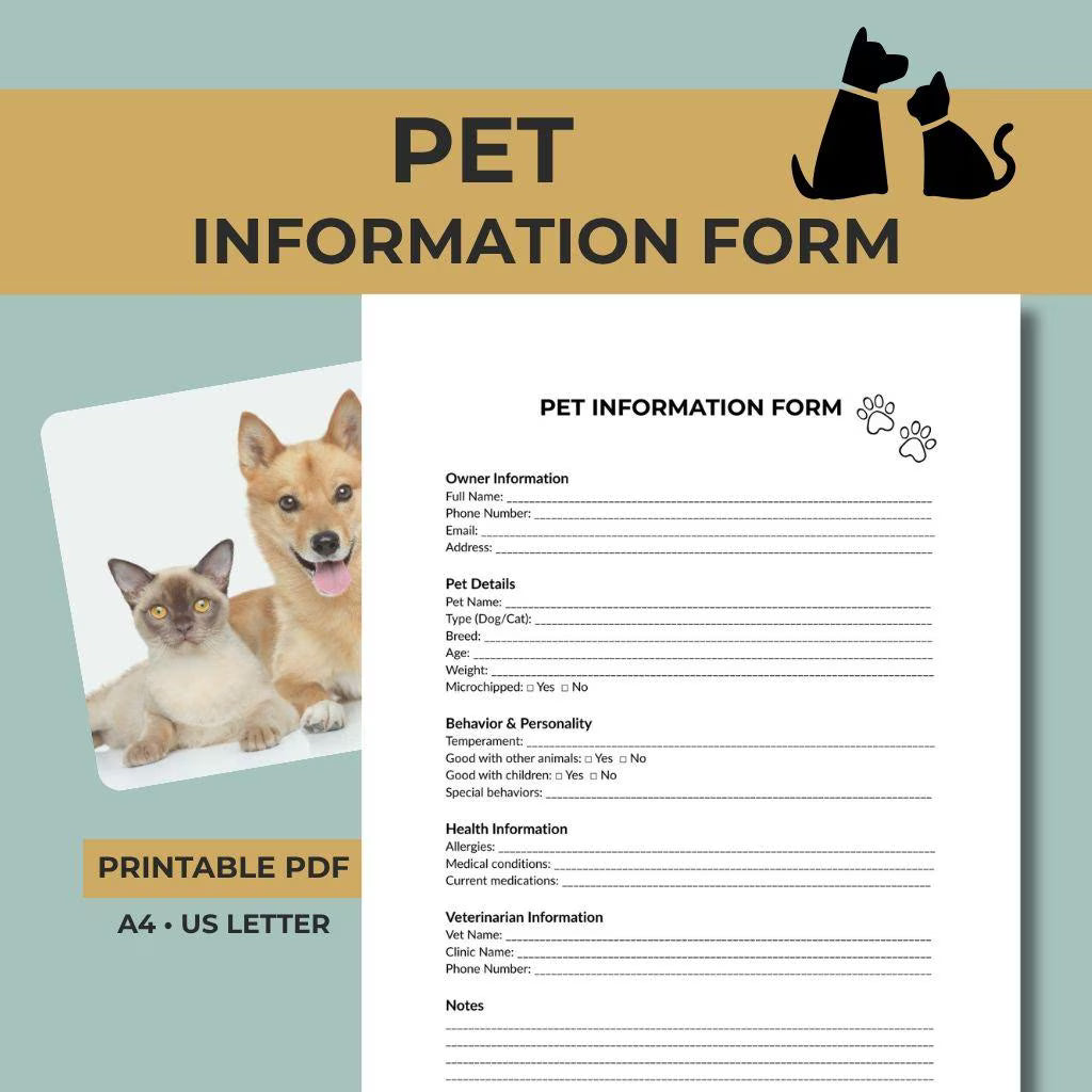 Pet Information Form, Dog & Cat Profile Sheet, Pet Details Record, Printable PDF, Instant Download