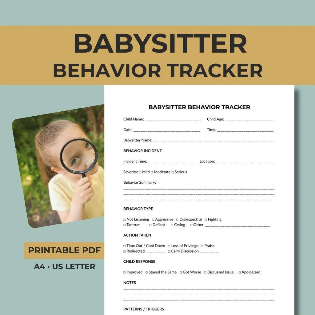 Babysitter Behavior Tracker, Child Observation Sheet, Childcare Log, Printable PDF
