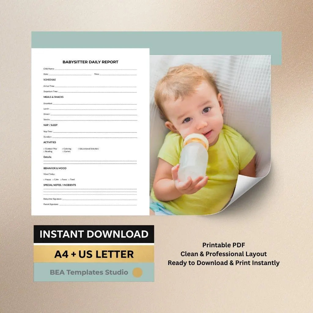 Babysitter Daily Report Printable PDF, Childcare Log, Nanny Record, Daycare Sheet A4 US Letter
