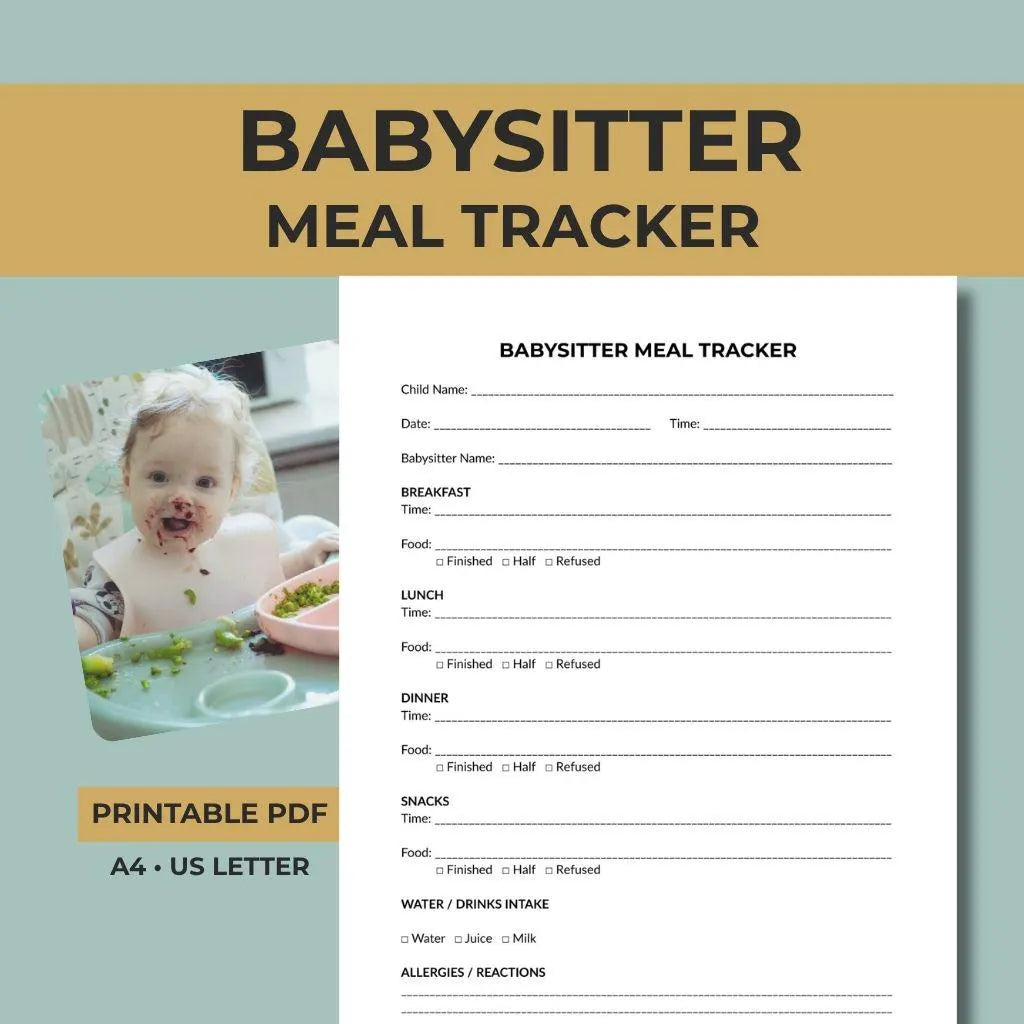 Babysitter Meal Tracker Printable, Child Food Log, Nanny Daily Sheet (PDF Download)