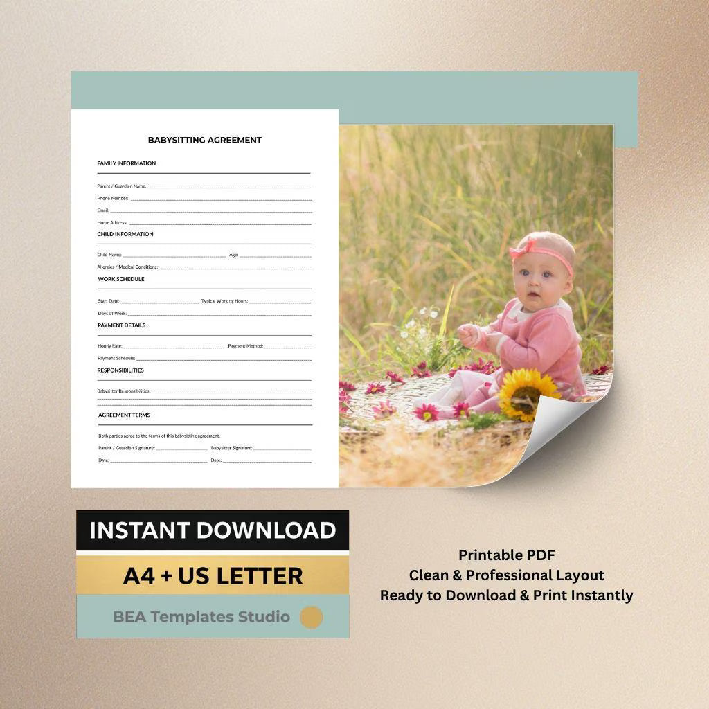 Babysitting Agreement Printable, Nanny Contract Template, Childcare Terms Sheet (A4 US Letter)