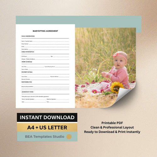 Babysitting Agreement Printable, Nanny Contract Template, Childcare Terms Sheet (A4 US Letter)
