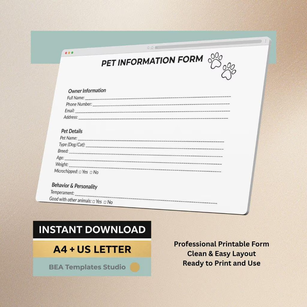 Pet Information Form, Dog & Cat Profile Sheet, Pet Details Record, Printable PDF, Instant Download