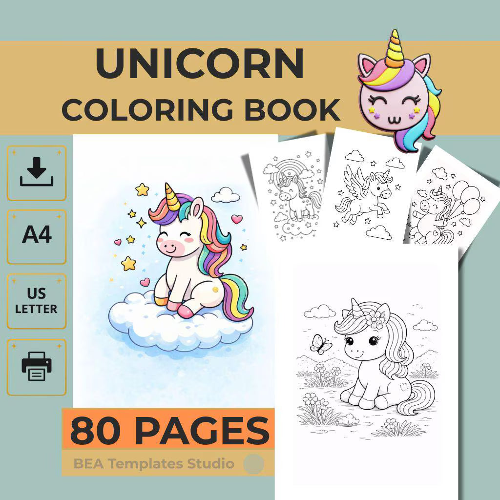 Unicorn Coloring Pages for Kids, 80 Printable Sheets, Kids Activity Book PDF, Instant Download