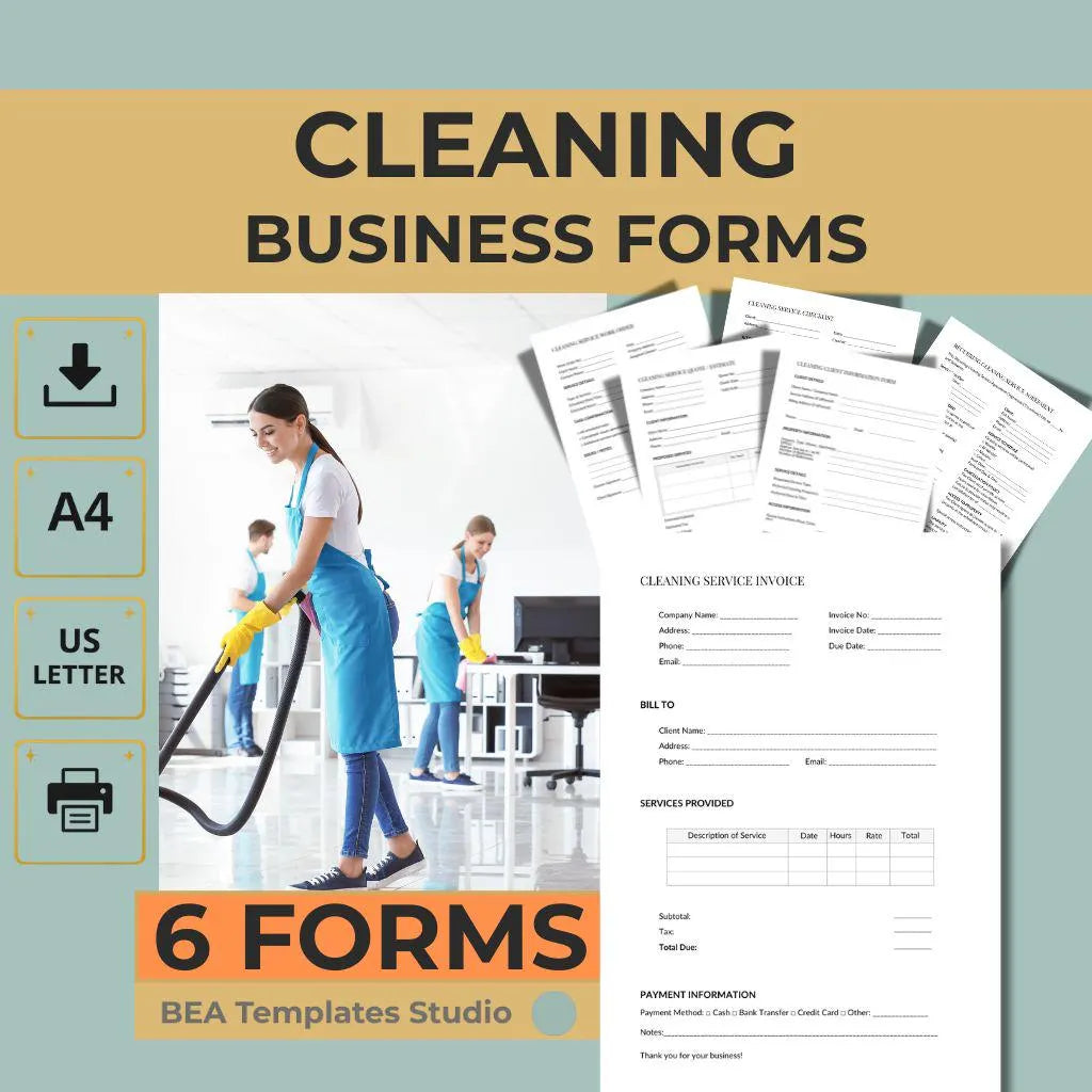Cleaning Business Bundle Invoice Quote Client Intake Checklist Work Order Forms A4 US Letter
