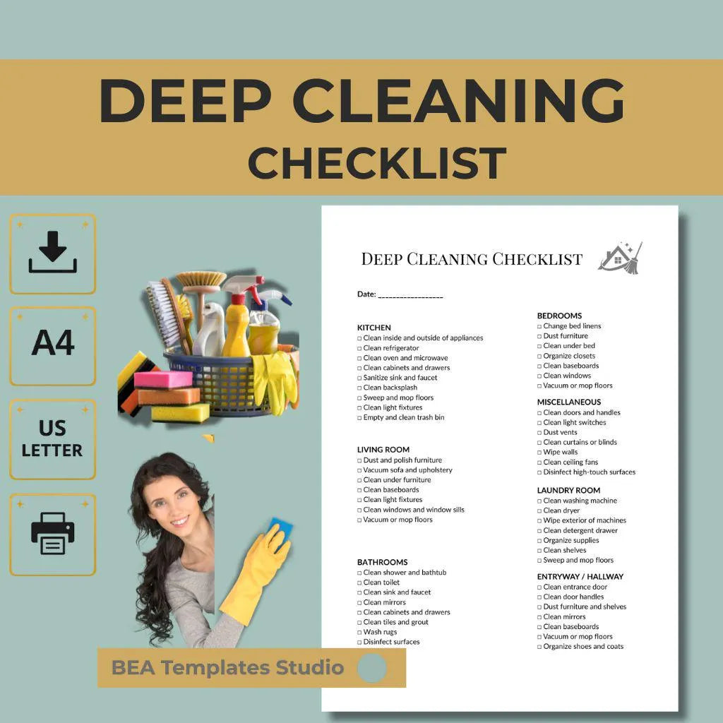 Deep Cleaning Checklist, House Cleaning Schedule, Home Organizer Planner A4 US Letter