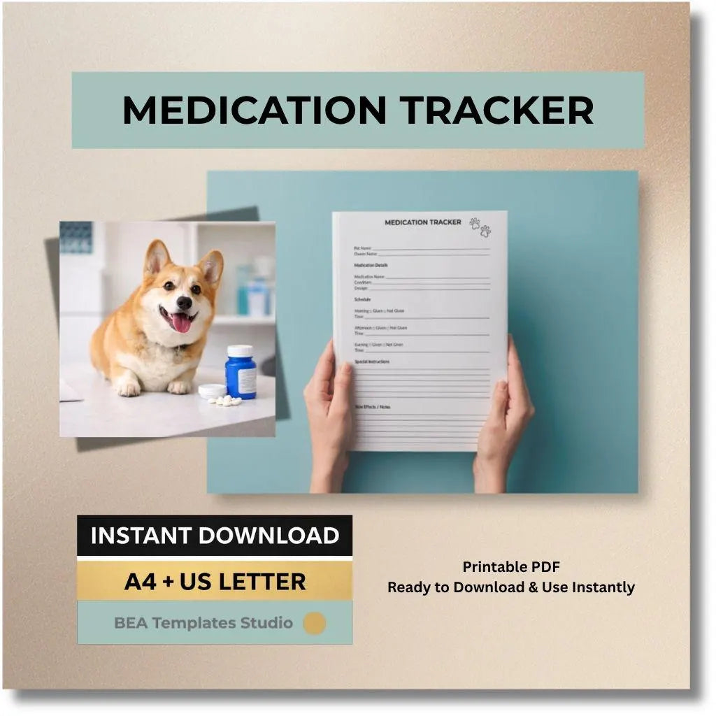 Pet Medication Tracker Printable, Animal Health Log, Vet Care Record (PDF Download)