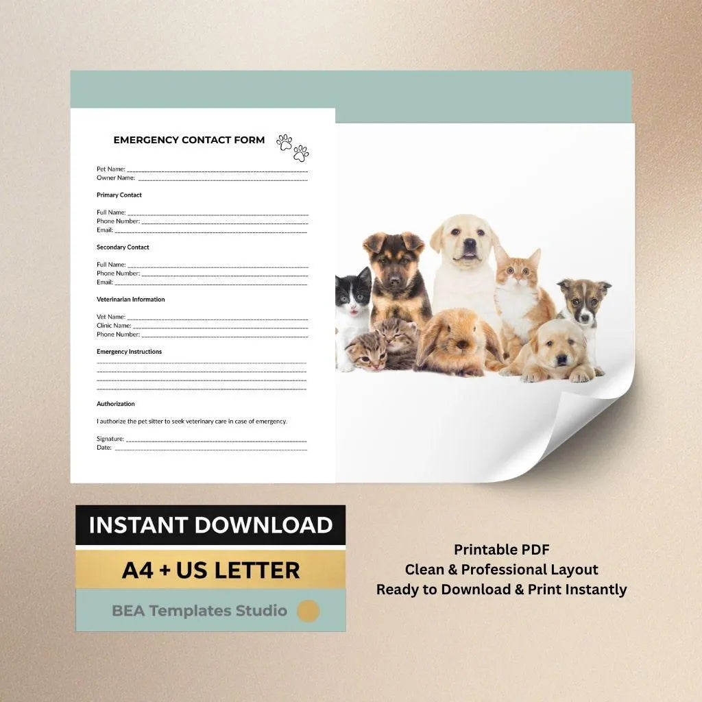 Pet Emergency Contact Form, Vet Information Sheet, Sitter Details Template, Printable PDF, Instant Download