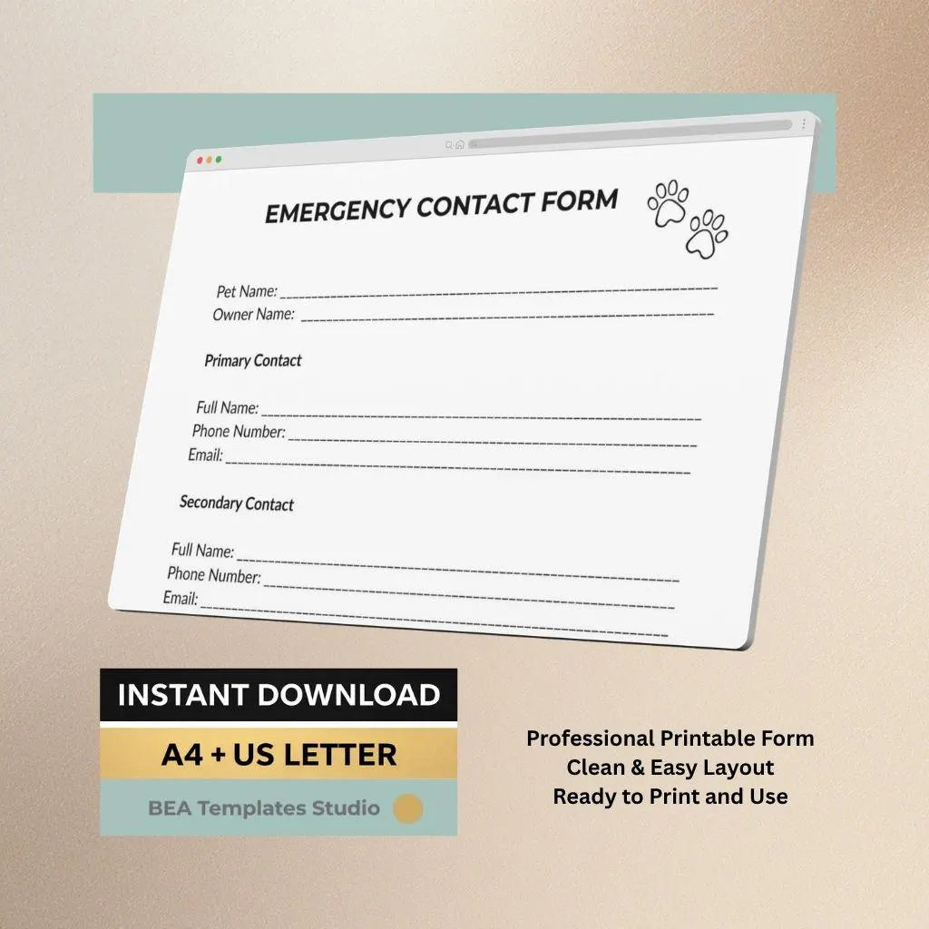 Pet Emergency Contact Form, Vet Information Sheet, Sitter Details Template, Printable PDF, Instant Download