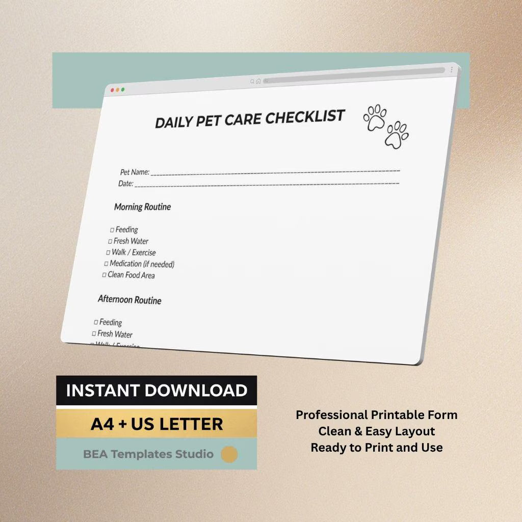 Daily Pet Care Checklist, Routine Planner, Animal Schedule, Printable PDF, Instant Download