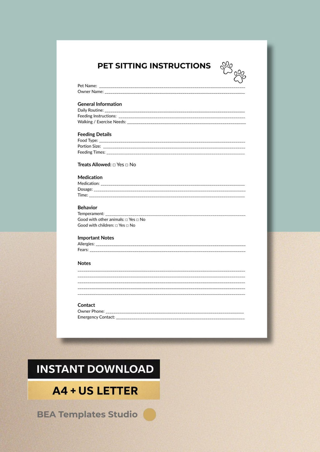 Pet Sitting Instructions Template, Care Checklist, Animal Form (PDF Download)