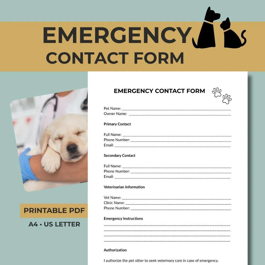Pet Emergency Contact Form, Vet Information Sheet, Sitter Details Template, Printable PDF, Instant Download