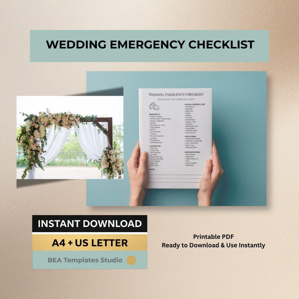 Wedding Emergency Checklist, Bridal Day Essentials List, Bride Emergency Planner