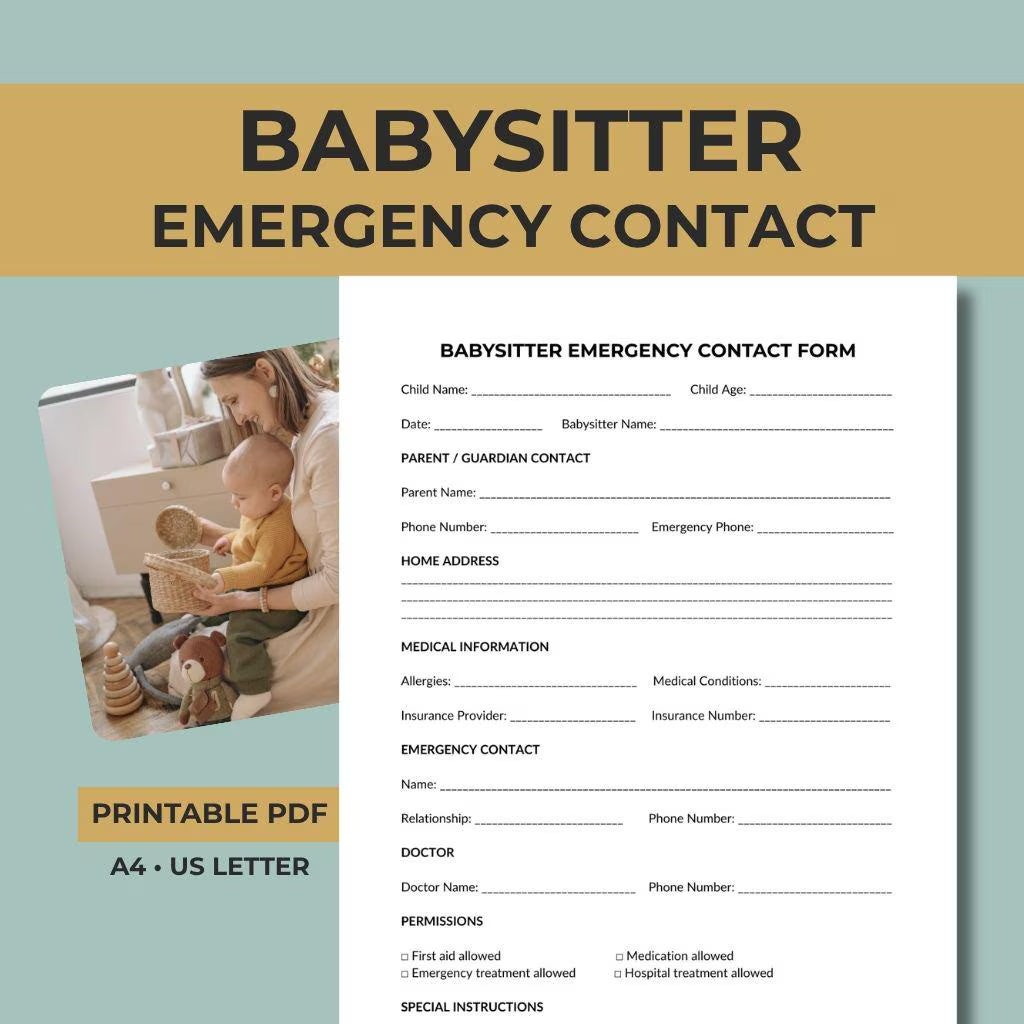 Babysitter Emergency Contact Form, Child Medical Sheet (Printable PDF)