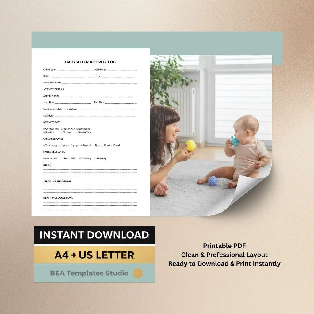 Babysitter Activity Log, Child Tracker Sheet, Nanny Record, Daycare Report, Printable PDF
