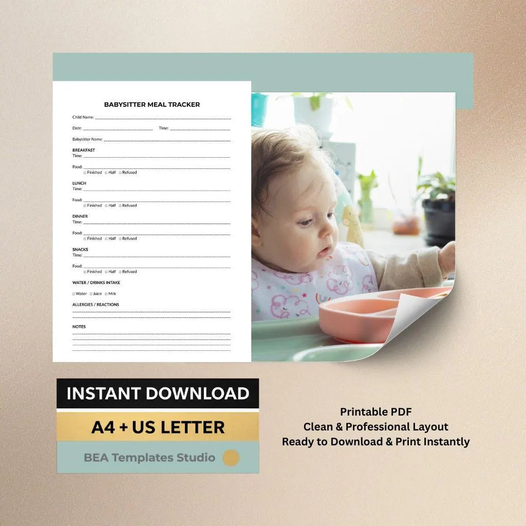 Babysitter Meal Tracker Printable, Child Food Log, Nanny Daily Sheet (PDF Download)