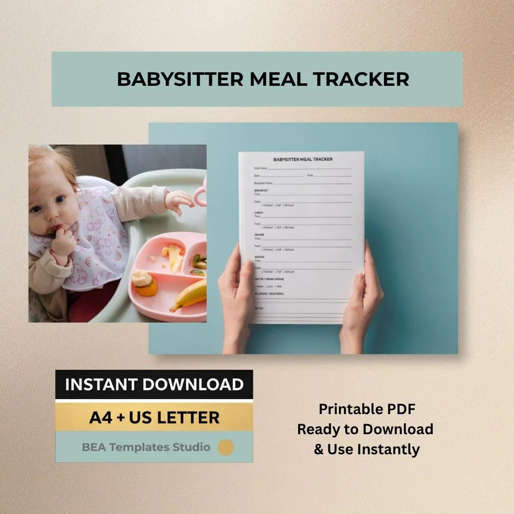 Babysitter Meal Tracker Printable, Child Food Log, Nanny Daily Sheet (PDF Download)