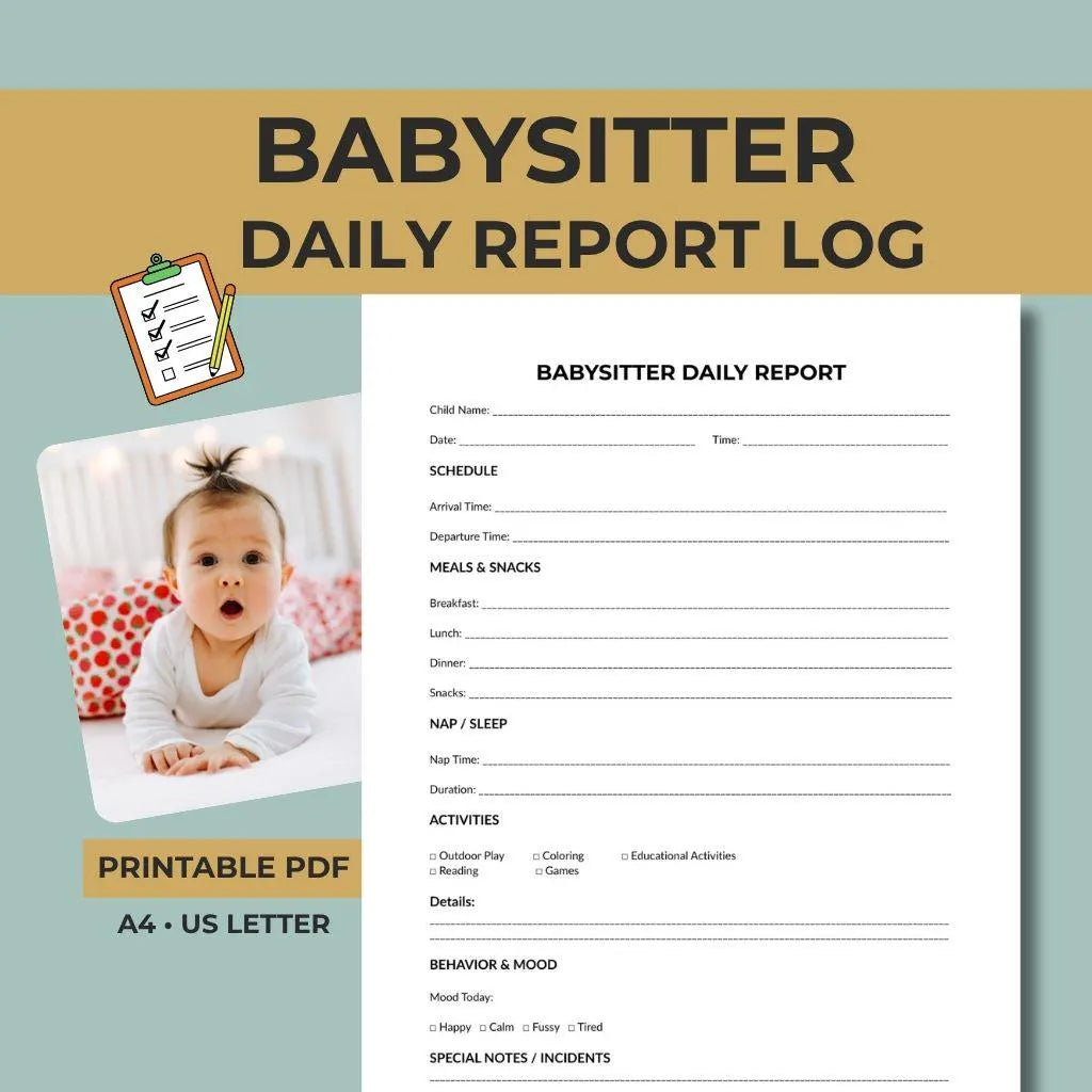 Babysitter Daily Report Printable PDF, Childcare Log, Nanny Record, Daycare Sheet A4 US Letter