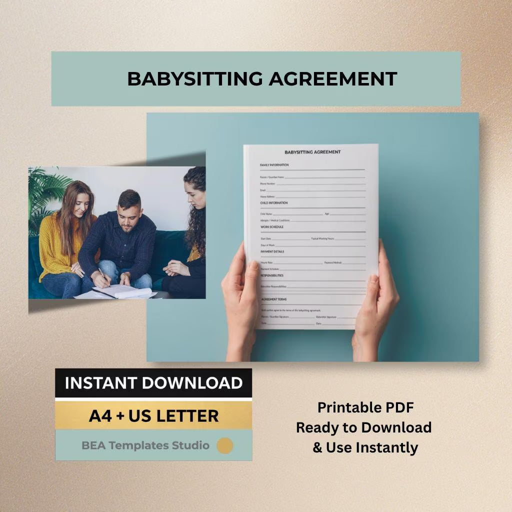 Babysitting Agreement Printable, Nanny Contract Template, Childcare Terms Sheet (A4 US Letter)