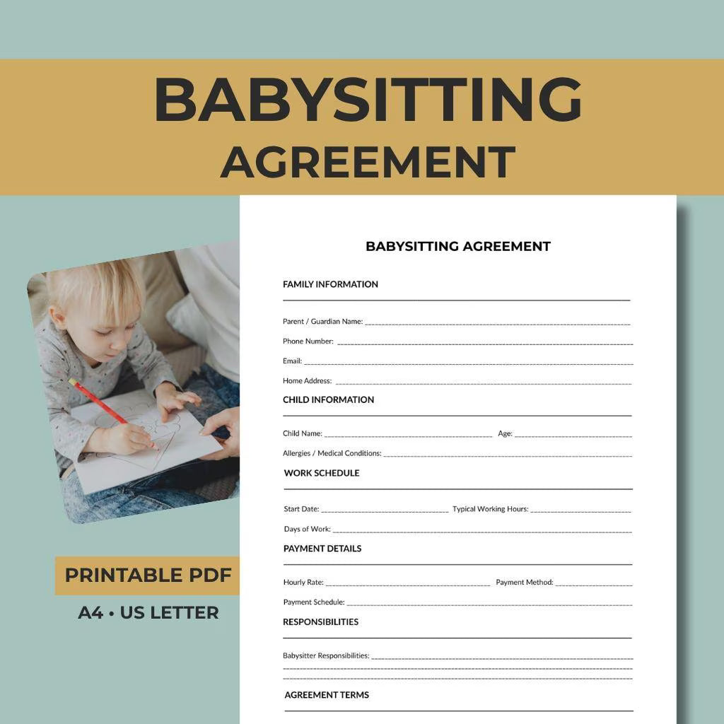 Babysitting Agreement Printable, Nanny Contract Template, Childcare Terms Sheet (A4 US Letter)